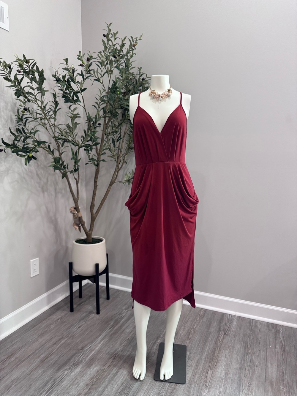 BCBGeneration Burgundy Spaghetti-Strap Midi Dress